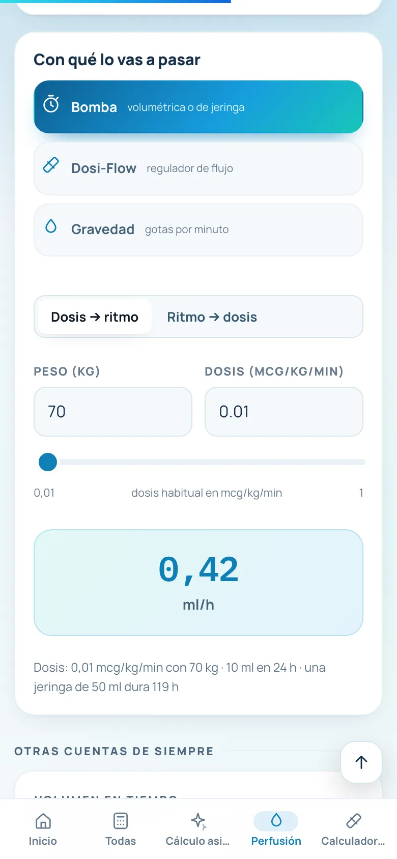 Calculadora de perfusión: noradrenalina a 0,42 ml/h en bomba