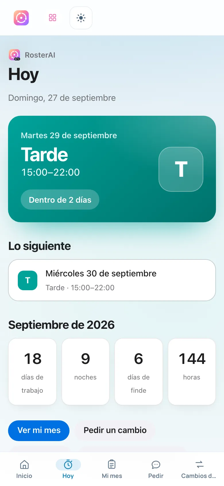 RosterAI: el próximo turno de tarde, dentro de dos días
