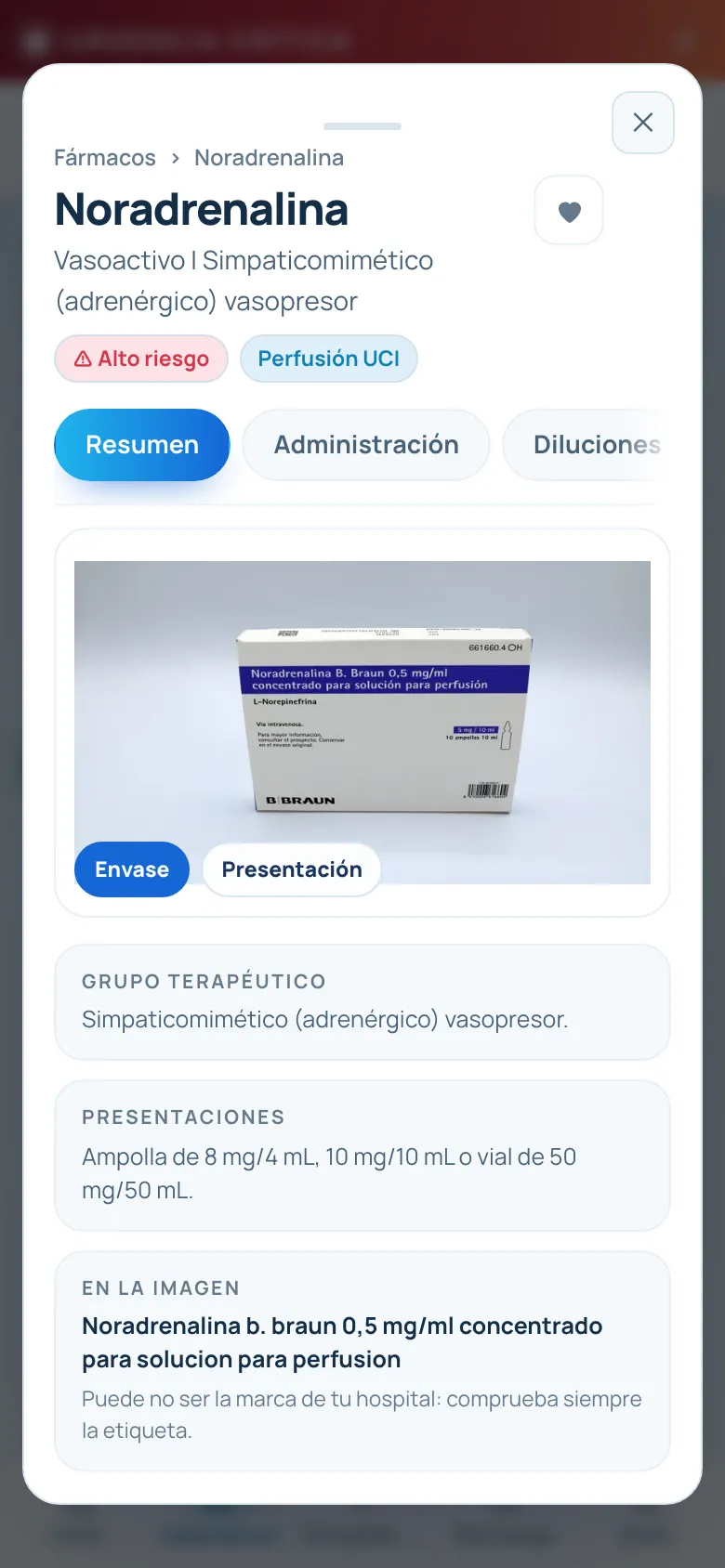 Ficha de la noradrenalina con su envase, alto riesgo y perfusión UCI
